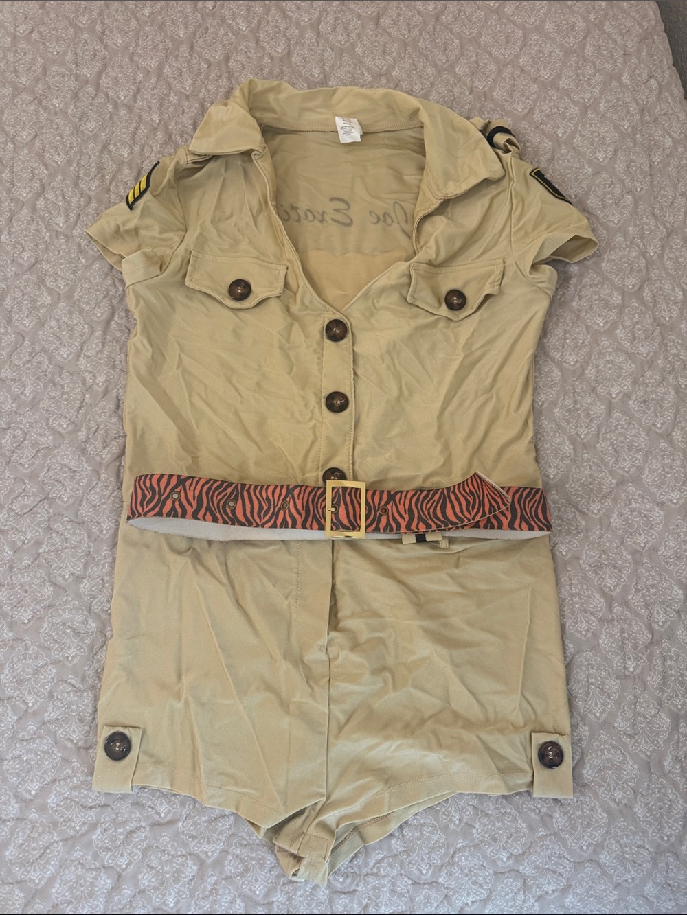 Joe Exotic Womens Khaki Short Sleeve Utility Romper with Zebra Accent Belt